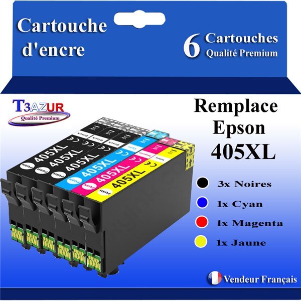 T3AZUR - 6 Cartouches compatibles avec Epson 405  405 XL pour Epson Workforce Pro WF-7800  WF-7830DTWf  WF-7835 DTWf  WF-7840DTWf  WF-7310DTW  WF-7830DTW