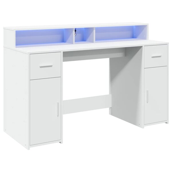 Bureau table poste de travail meuble d'ordinateur informatique étude avec lumières LED 140 x 55 x 91 cm bois d'ingénierie blanc 02_0023406