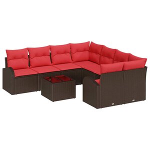 vidaXL Ensemble de Canapés avec coussin 9 Pièces Beige et Rouge polyrotin