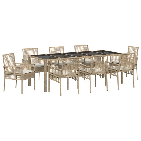 Ensemble de salle à manger de jardin 9 pièces avec coussins en poly rattan beige