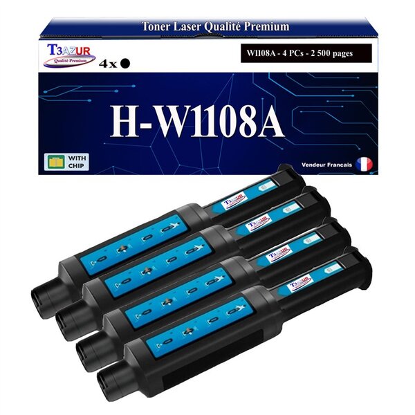 T3AZUR -4x Toners compatibles avec HP W1108A (108A) pour HP Laser NS MFP 1005  1005c  1005w  1020  1020c  1020w