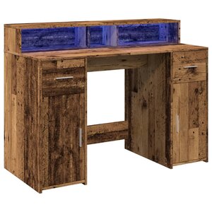 Bureau table poste de travail meuble d'ordinateur informatique étude avec lumières LED vieux bois bois d'ingénierie brun 02_0023436