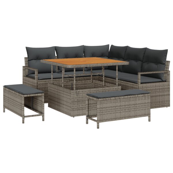 Canapé de jardin 8 pièces avec coussins gris en poly rattan acacia