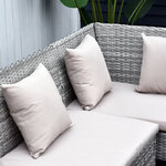 Salon de jardin 6 pers. grand confort canapé d'angle + 2 poufs + table à manger 9 coussins assise & dossier fournis résine tressée grise