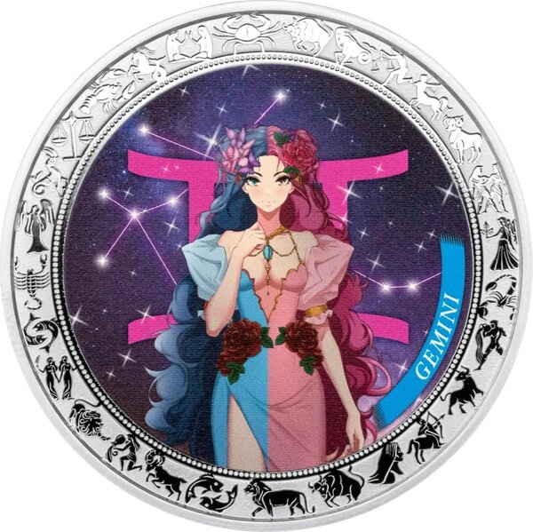 Pièce de monnaie en Argent 5 Cedis g 31.1 (1 oz) Millésime 2025 Anime Zodiac GEMINI