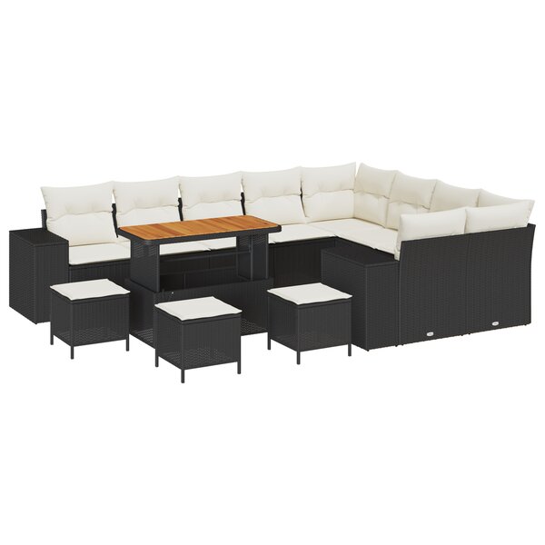 Ensemble de Canapé de Jardin de 13 Pièces avec Coussins Noir Poly Rattan Acacia