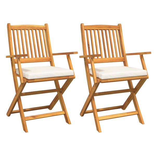 Chaises de jardin pliantes vidaXL avec coussin blanc 2 pièces en bois d'acacia solide