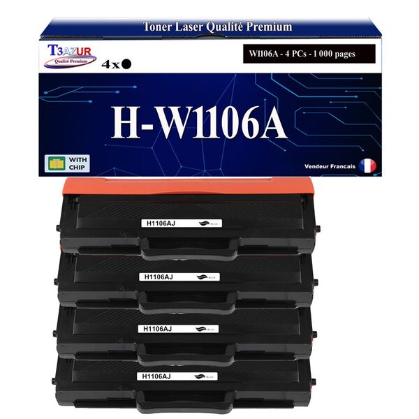 T3AZUR -4x Toners compatibles avec HP W1106A (106A) pour HP Laser 107a  107r  107w  Laser MFP 135ag  135wg  137fnw  137fwg