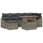 vidaXL Ensemble de dîner de jardin 7 pièces avec coussins gris en rotin poly acacia
