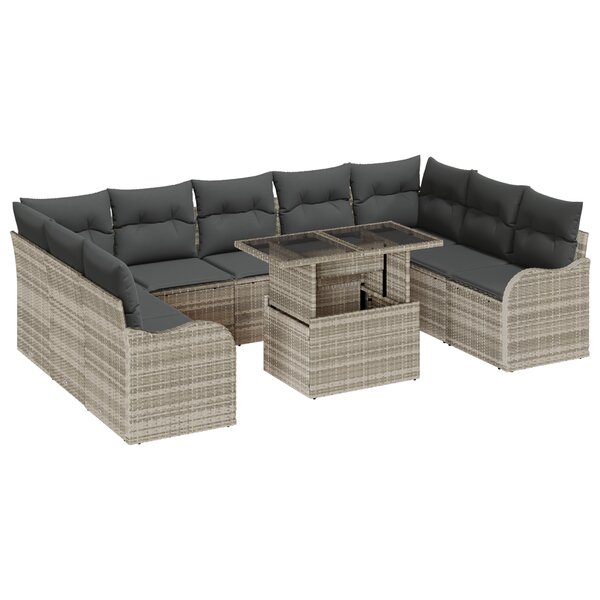 Ensemble de canapé de jardin 10 pièces avec coussins gris clair en rotin poly