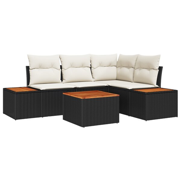 vidaXL Ensemble de 5 canapés de jardin avec coussins noirs en rattan PE et acacia