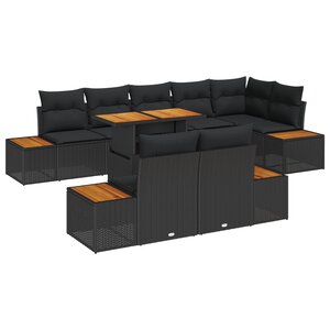 vidaXL Ensemble salle à manger jardin 9 pièces avec coussins noirs en poly rotin acacia