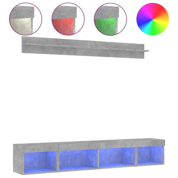 vidaXL Unités murales TV avec LED 5 Pièces gris béton bois d'ingénierie