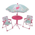 Salon de jardin avec une table FLAMANT ROSE 2 chaises pliables et un parasol pour enfant