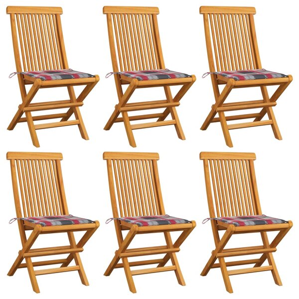 vidaXL Chaises de jardin et coussins à carreaux rouge lot de 6 Teck