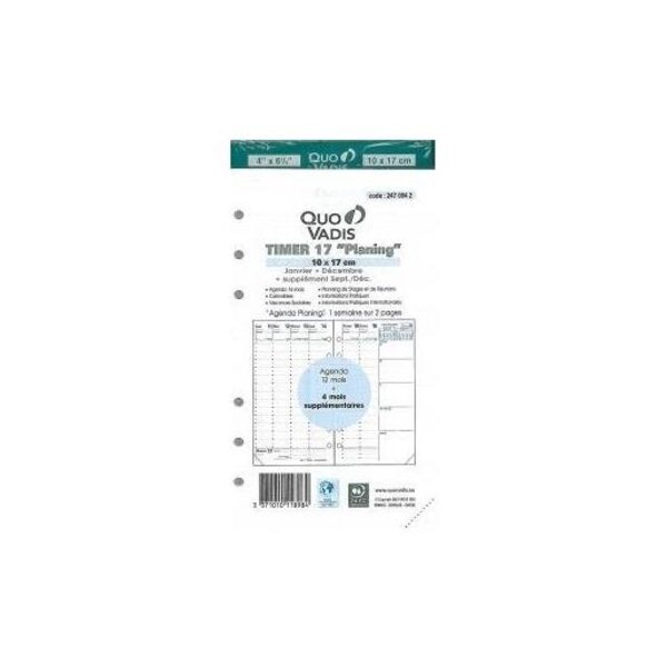 Recharge Agenda Organiseur Timer 17 PLANING 10 x 17 cm Sept à Déc Quovadis
