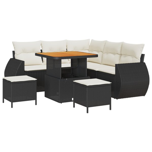 Ensemble de canapé de jardin 8 pièces avec coussins noir en rotin synthétique