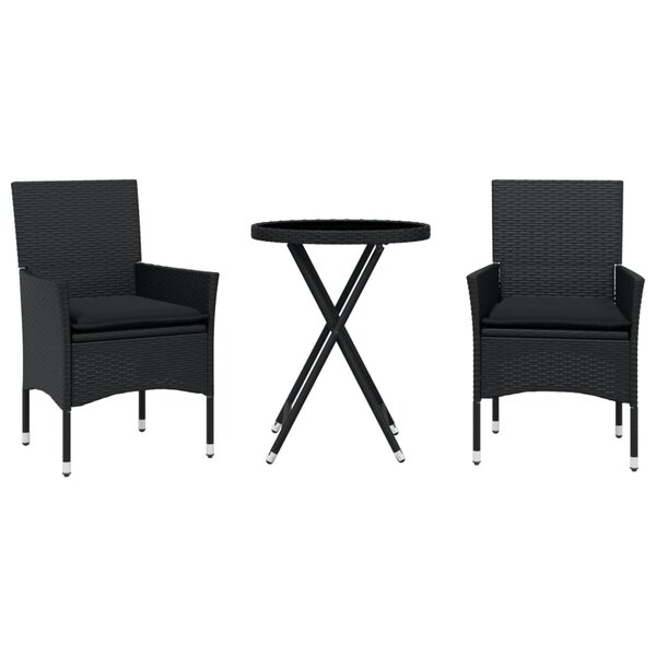 vidaXL Ensemble de bistro avec coussins 3Pièces noir résine tressée verre