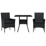 vidaXL Ensemble à manger de jardin et coussins 3 Pièces noir rotin verre