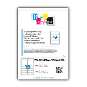 Lot de 500 planches a4 de 16 étiquettes à bords ronds 99 1 x 33 9 mm en papier blanc 70g/m² multifonction