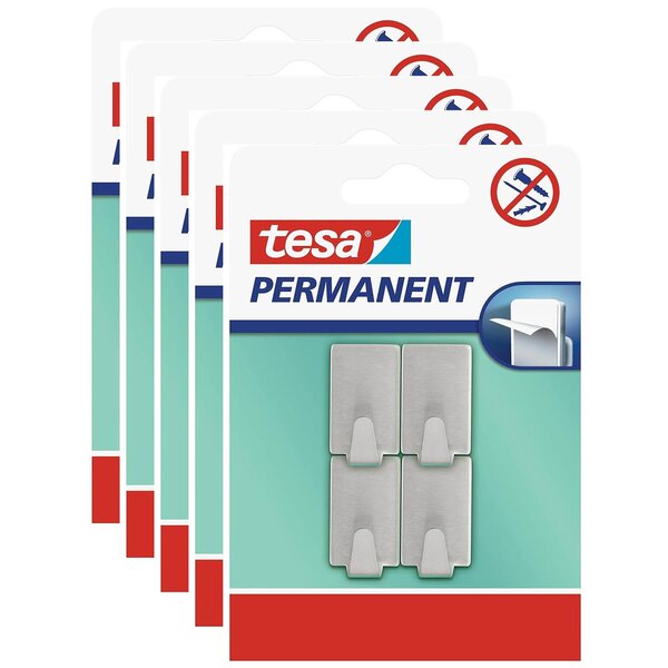 Pack 4 Crochets Permanents Rectangulaires Métal Brossé Adhésifs Taille S Gris x 5 TESA