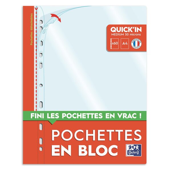 Bloc Détachable de 60 Pochettes Perforées Quick'In PP 5/100 Cristal OXFORD