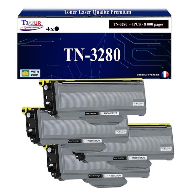 T3AZUR - 4x Toners compatibles avec Brother TN3280  TN3230  pour Brother HL-3250  HL-5340D  HL-5340DL  HL-5350DN  HL-5350DNLT  HL-5370DW  HL-5380DN - 8 000 pages