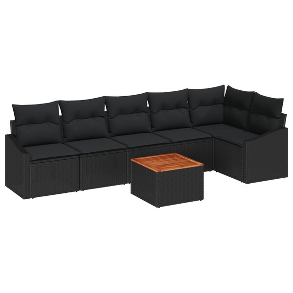 vidaXL Ensemble de sofa jardin 7 pièces avec coussins Noir Poly Rattan Acacia