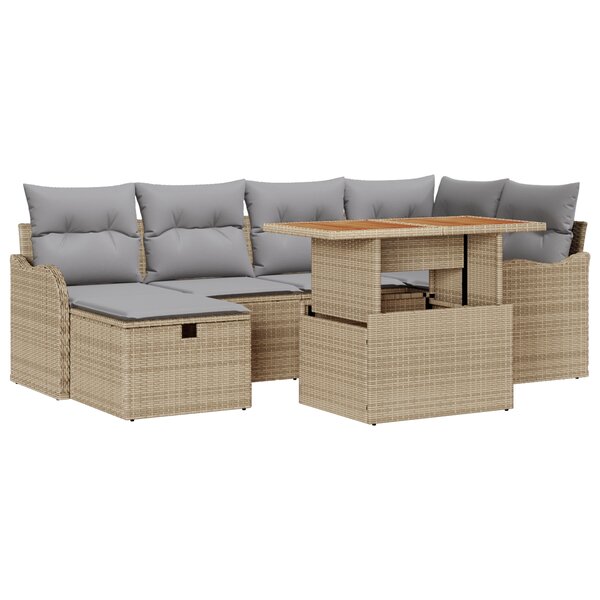 vidaXL Ensemble de Canapés de Jardin de 7 Pièces avec Coussins Beige Rattan Poly
