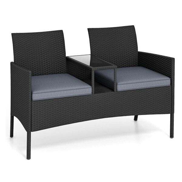 Salon de jardin 2 places avec table intégrée 62 x 124 x 84 cm assise ergonomique style moderne en rotin noir gris 20_0013426