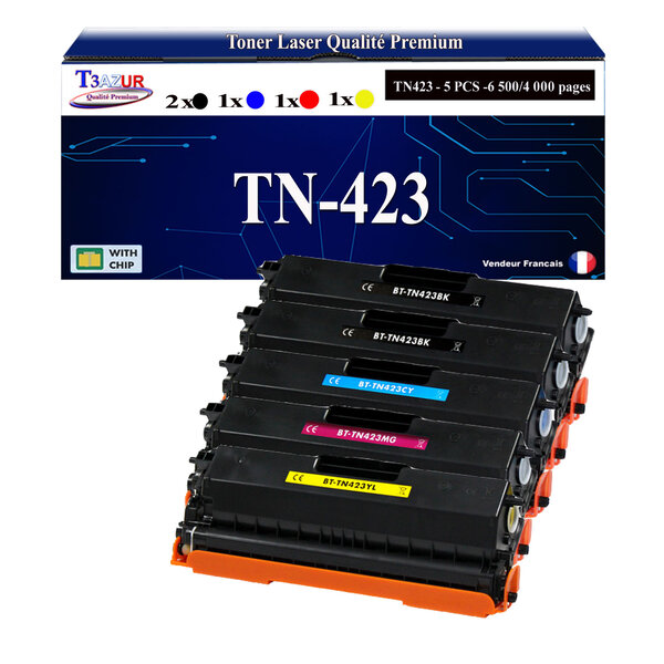 T3AZUR - 5x Toners compatibles avec Brother TN421  TN423 pour  Brother HL-L8260CDW HL-L8360CDW DCP-L8410CDN DCP-L8410CDW MFC-L8690CDW MFC-L8900CDW