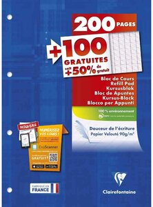 Bloc de cours A4 séyès 200 pages + 100 GRATUITES Blanc CLAIREFONTAINE