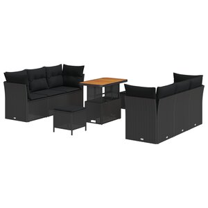Ensemble de canapé de jardin 9 pièces avec coussins noir poly rotin acacia