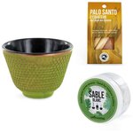 Porte-encens coupelle Vert et Doré + Sable blanc + Bâtonnets Palo Santo