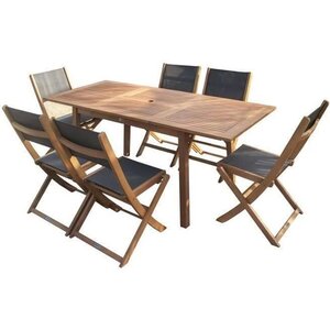 Ensemble repas de jardin  6 personnes - Table extensible 120-180 x 80 cm + 6 chaises assises textilene - Bois Eucalyptus FSC