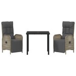 vidaXL Ensemble de salle à manger de jardin de 3 pièces avec coussins en gris poly rattan