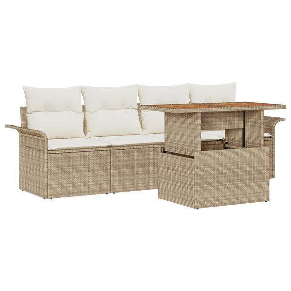 vidaXL Set de Canapé de Jardin 5 pièces avec Coussins Beige Poly Rotin Acacia