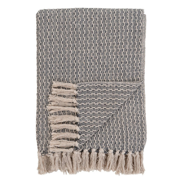 Plaid en coton gris foncé et blanc motif rayé 130 x 160 cm