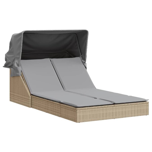 vidaXL Chaise longue double avec auvent et coussins beige poly rotin