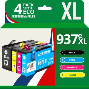 Pack de 4 Cartouches d’Encre Compatibles HP 937e XL – Noir  Cyan  Magenta  Jaune – Haute Capacité
