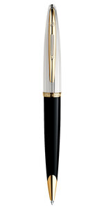 Waterman carène deluxe stylo bille noir brillant et plaqué argent recharge bleue pointe moyenne coffret cadeau