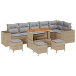 Canapé de jardin en poly rattan beige de 10 pièces avec coussins