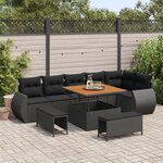 Ensemble Canapés de Jardin 9 Pièces avec Coussins  Acacia Poly Rattan Noir