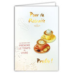 69-3145 Carte Départ Retraite Profite Prendre le temps de vivre Cafés Gourmands Peinture Aquarelle - Finitions Dorure Or Doré + Gaufrage en Relief +1 Enveloppe Format 12x17cm - Fabriqué en Europe