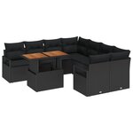vidaXL Ensemble de Canapés de Jardin 9 Pièces avec Coussins Noir Rattan Poly