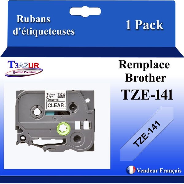 Ruban d'étiqueteuse compatible avec Brother Tze141  Tze-141 pour étiqueteuses P-touch - Texte noir sur fond transparent - Largeur 18 mm x 8 mètres