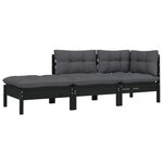 vidaXL Salon de jardin 3 Pièces avec coussins Noir Bois de pin solide