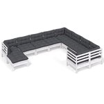 vidaXL Salon de jardin 10 Pièces avec coussins blanc bois de pin