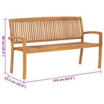vidaXL Banc de jardin empilable et coussin 159 cm Bois de teck massif