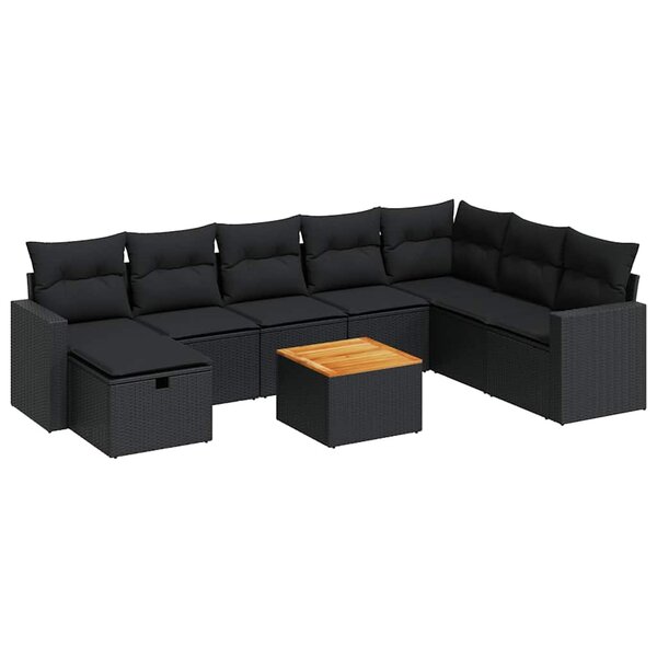 vidaXL Salon de jardin 9 Pièces avec coussins noir résine tressée